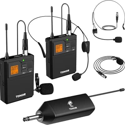 UHF Wireless Microphone System with Dual Headset Microphones/Lavalier Lapel Mics, Bodypack Transmitters, Mini Rechargeable Receiver, 2x15 Channels 200ft Range, for Recording Speech PA Speaker image 1