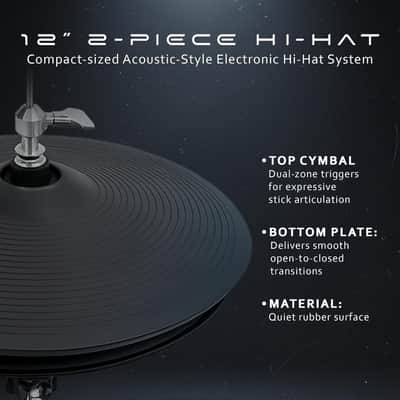 2-Piece Electronic Hi-Hat Cymbals – 12” Dual-Zone Top Cymbal Pad & Bottom Plate Controller, Acoustic-Style Hi-Hat System for Electronic Drum Modules image 3
