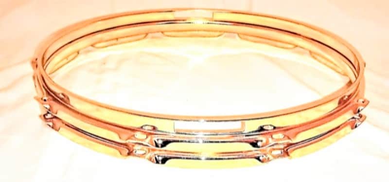 UNMARKED BRASS PLATED STEEL SNARE DRUM HOOPS SET - 14"/10L - FREE SHIP TO C-USA! image 1