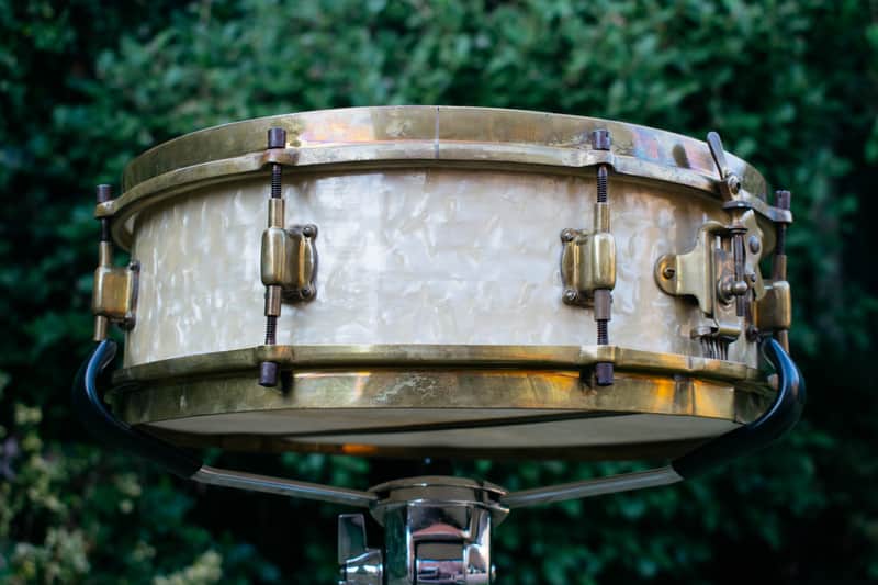 Vintage 1920s Leedy 'Full Dress' 14x4 Snare Drum in White Marine Pearl image 1