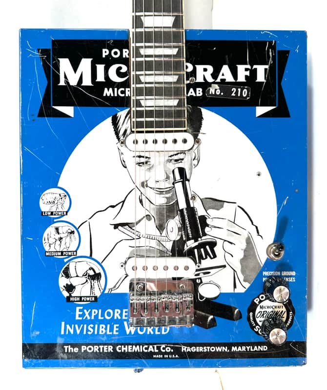 Awesomesauceguitars electric guitar made from a vintage microscope box Diddley Bo cigarbox guitar The Boxcaster 2026 - Blue box image 1
