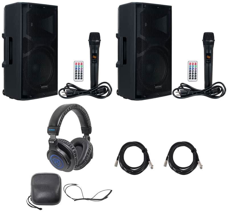 2) American Audio APX12 GO BT Rechargeable DJ PA Speakers+Mics+Headphones+Cables image 1