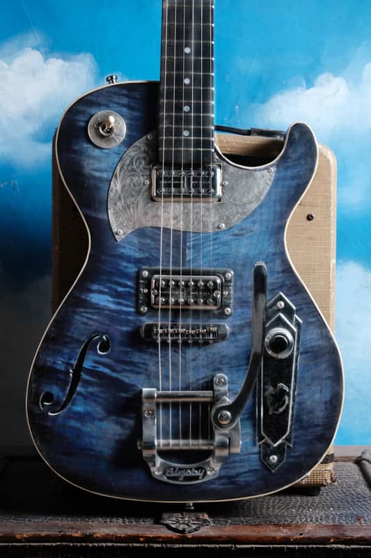 Postal Midnight Special Flamed Maple Blue Silverplate Engraved Pickguard Bigsby image 1