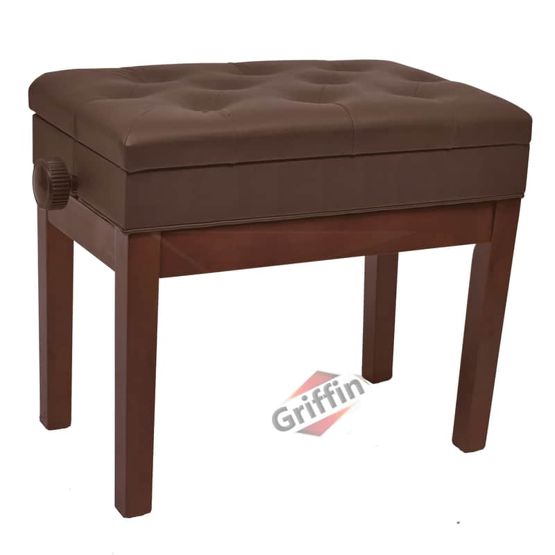 Griffin Adjustable Brown Piano Bench - PU Leather Vintage Stylish Design, Heavy-Duty & Ergonomic Keyboard Stool Seat - Convenient Hidden Storage Space Perfect For Home & Professional image 1