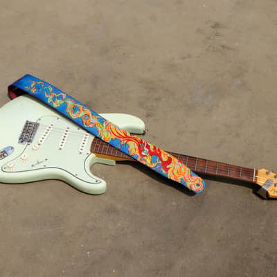 Burny Black handmade guitar strap leather - phoenix red/blue made to order - oil image 8
