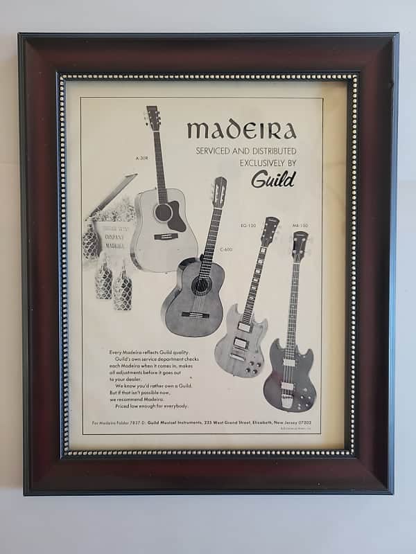 1974 Guild Madeira Guitar Promotional Ad Framed A-30R, C-600, EG-100 & MB-100 Guitars Original image 1