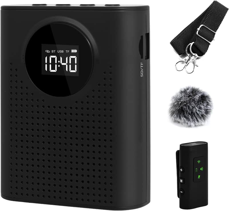 Voice Amplifier with Magnetic Wireless Lavalier Microphone, Portable Amplifier with 2.4G Wireless Microphone, Supports Bluetooth, TF Card, USB Flash Drive and AUX Input Black image 1