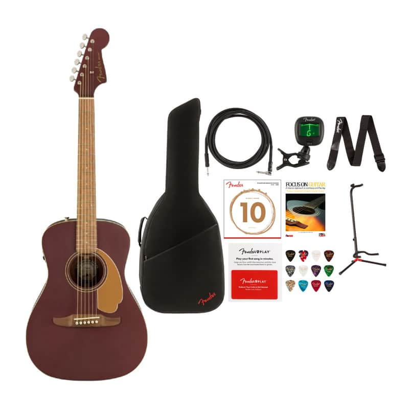 Fender Malibu Player 6-String Acoustic Guitar (Right-Hand, Burgundy Satin) with FB405 Dreadnought Gig Bag (Black), Instrument Cable, Adjustable Guitar Stand, FT-1 Pro Clip-On Tuner Bundle image 1