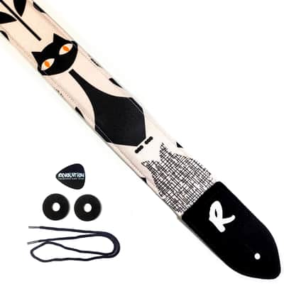 Black and White Cats and Flowers Guitar Strap - Mid Century Modern Cat Flower Pattern Guitar Strap-Kitty Guitar Strap-Universal Guitar Strap image 1