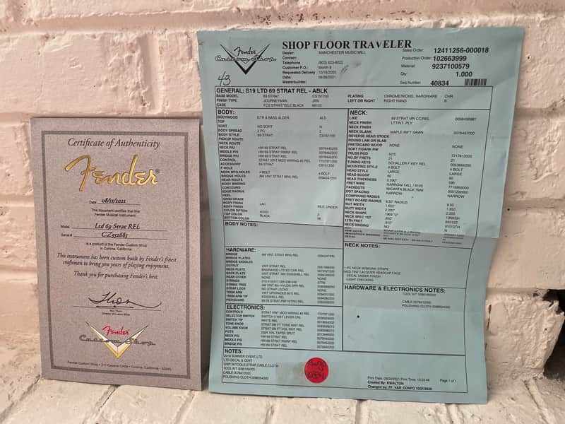 Fender Custom Shop Certificate of Authenticity and Floor Traveler for Ltd Journeyman 69 Strat Relic (Serial #CZ552685) image 1