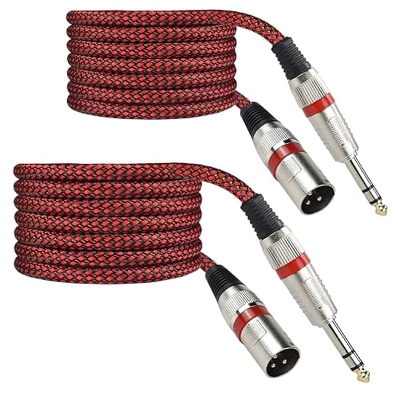 1/4" TRS to XLR Male Cable Balanced - 6.6FT Quarter Inch Stereo to XLR Microphone Cord Adapter, Nylon Braided, OFC Shielded, Red Color, for Mixer, Monitor Speaker, Audio Interface, 2Pack image 1