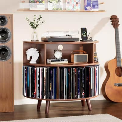 31.5" Mid-Century Record Player Stand w/ Power Outlet & 100+ Vinyl Record Storage – Walnut image 5