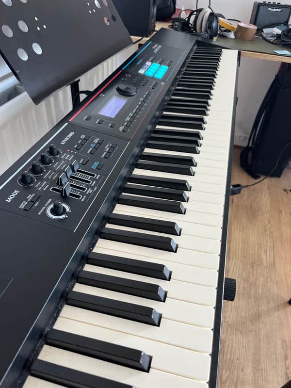 Black electronic keyboard on a stand. Keys are white and black.