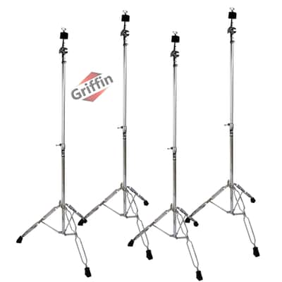 Straight Cymbal Stand Set (4-Pack ) by GRIFFIN | Double-Braced Legs, Slip-Proof Gear Holder & Lightweight for Mobile Drummers | Chrome Percussion Kit for Mounting Crash & Splash Cymbals image 1
