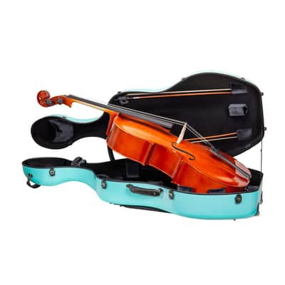 Crossrock Poly Carbon Case with Wheels fits 4/4 Full Size Cello, Includes Outside Music Pouch, 3 Handles, Detachable Straps-Mint Blue image 2