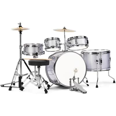 5-Piece Complete Junior Kids Drum Set Kit w/ Stool, Kick Pedal, Sticks & Tuning Key – Silver image 6