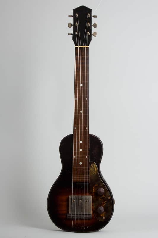 Unlabelled Lap Steel Electric Guitar, made by Harmony (1939), black gig bag case. image 1