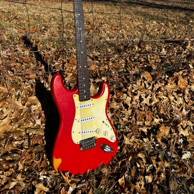 Refinished and Reliced Squier Stratocaster in red sparkle nitro with matching headstock! image 3