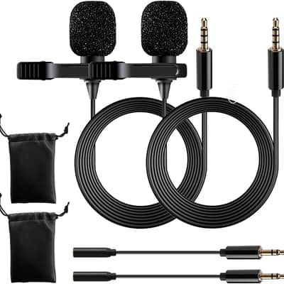 Lavalier Clip On Microphone with 5ft TRRS 3.5mm Cable and Adapter - 2 Pack | Omnidirectional Condenser Lapel Microphone for Audio Recording| image 1