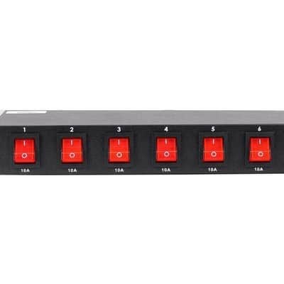 American DJ 8 channel AC power strip with 15 amp breaker and 8 on/off toggle switches. 19 inch rack mountable image 1