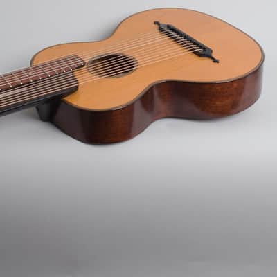Unlabelled  13 Course Schrammel Contra Harp Guitar, c. 1950's - natural top, mahogany stained back and sides, gig bag case. image 7