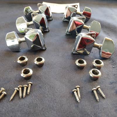Unbranded 3 by 3 Vintage Closed Tuning Machine Heads. Screws, Ferrules 1970s? - Chrome image 1