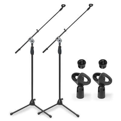 AxcessAbles AXCMS-201TB One Hand Microphone Stand with Tripod Base and Quick Grip Height Adjustment - Telescoping Mic Boom Arm Included. Tall Microphone Stand for Singing 2-Pack image 1