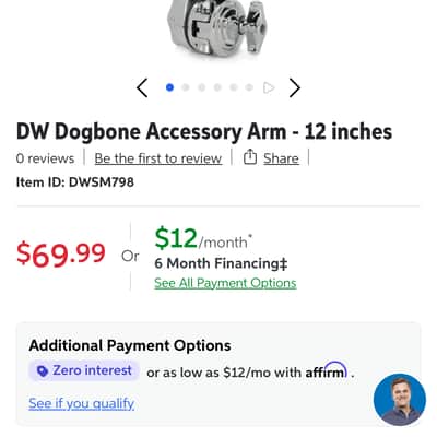 DW DWSM798 12" Dog Bone Accessory Arm 2010s - Chrome image 2
