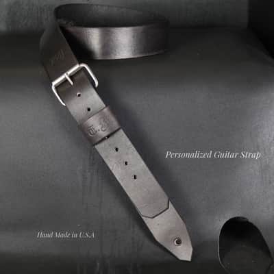 Personalized Handmade Leather Guitar Strap. Buckle. 47”to 54”..2” wide  Antique BLACK image 2