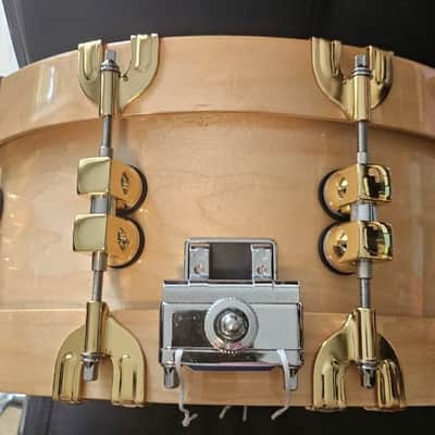 Premier 75th Anniversary Signia 14x5.5" 10-Lug Maple Snare Drum with Wood Hoops, Gold Hardware 1997 - Natural image 3