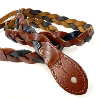 Walker And Williams M-61-CHT/BLK Throwback Series Chestnut Tan And Black Grain Leather "Braid" Mandolin Strap image 4
