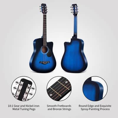 38 inch Guitar Blue Acoustic Guitar Beginner kit Adult Cutaway Acoustic Guitar Guitarras Starter Set Bundle with Padded Gig Bag, Strap, Capo, Strings, Picks image 2