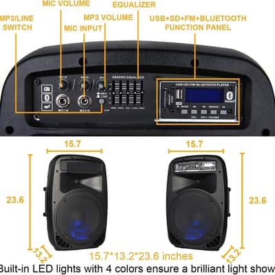 12 Portable 12-Inch 1000 Watts 2-Way Powered Dj/PA Speaker System Combo Set with Bluetooth/USB/SD Card Reader/FM Radio/Remote Control/Speaker Stands/Wired mic image 2