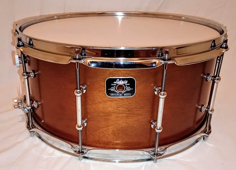 LUDWIG UNIVERSAL (CUSTOM W/ MUFFLER) MAHOGANY VIDEO LINK 6.5X14 MAPLE RINGS  - SATIN FINISH - FREE SHIP TO C-USA! image 1