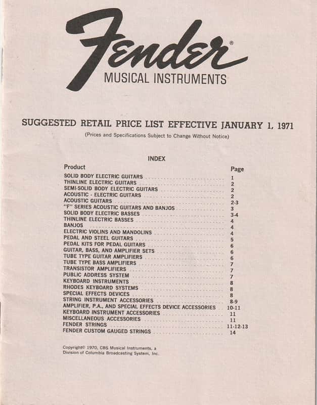 Fender Music Instruments, Retail Price List, January 1, 1971 image 1