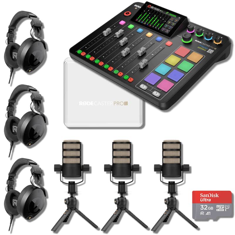 Rode RODECaster Pro 2 Audio Production Console with 3x PodMics, Tripod 2, NTH-100, RODECover II, 32GB microSD Card and XLR Cables image 1
