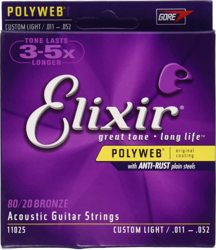 Elixir 11025 Polyweb Custom Light Coated 80/20 Bronze Acoustic Guitar Strings, 11-52 image 1