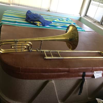 SUMMER DEAL F E OLDS LOS ANGELES .554 / .565 DUAL BASS TROMBONE 10INCH BELL SINGLE ROTAR 1948 EXCELLANT SHAPE ORG. CASE WITH MPC image 3