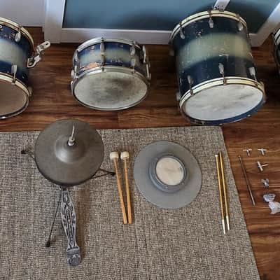 1938-1940 Slingerland Radio King 5-Piece Trap Set – 29" Bass – Original Blue & Silver Duco – Complete w/ Epic Pedal image 3