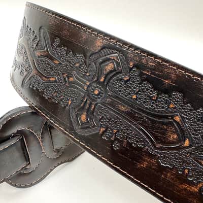 Walker & Williams LIP-07 Dark Bourbon Brown Carved Leather Spade Cut Strap with Tooled Cross and Thorns image 3