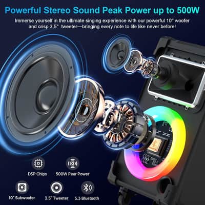 Karaoke Machine with 2 Wireless Mics, 10" Woofer 500W Peak Power Big Portable Bluetooth Speaker with Bass/Treble Adjustment, PA System with Remote Control, LED Lights, Rolling Wheels and Trolley image 2