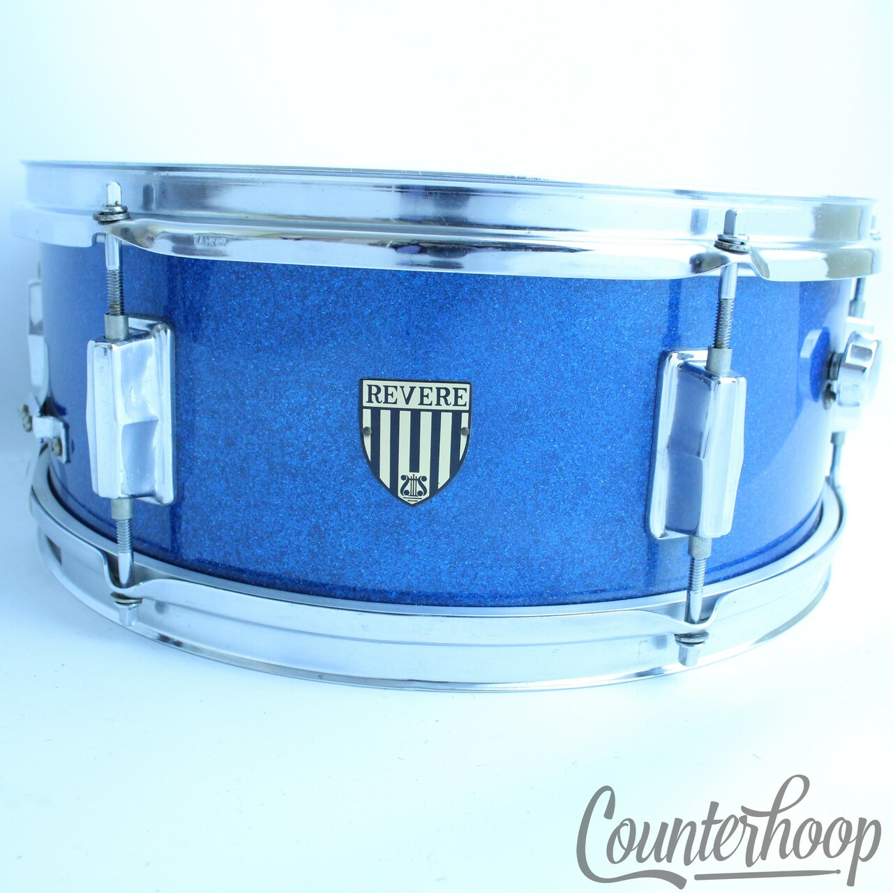 Pearl Revere 14x5.5" Snare Drum 6Ply No Rings Blue Sparkle Vintage 70s 6-Lug* — main photograph