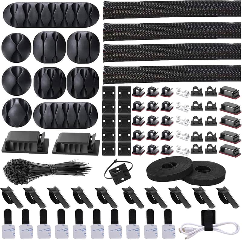 Kit 4 Cable Sleeve split with 41Self Adhesive Cable Clips Holder, 10pcs and 2 Roll Self Adhesive tie and 100 Fastening Cable Ties for TV Office Car Desk Home image 1