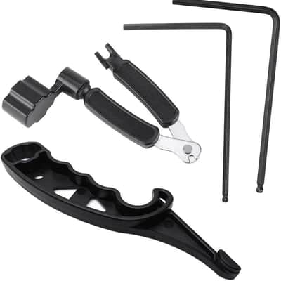 4Pcs Guitar Tool Kit, Guitar String Stretcher 3in1 Guitar String Winder Cutter Pin Puller and 4mm & 5mm Guitar Truss Rod Hexagon Wrench Guitar Adjustment Maintenance Tool image 1