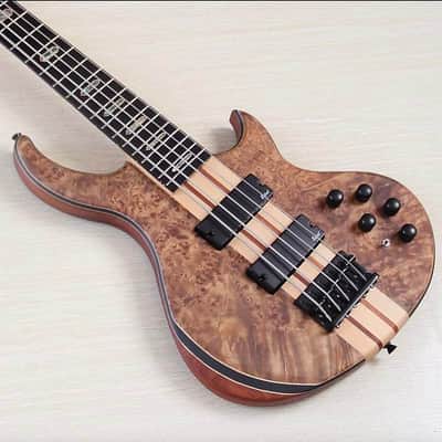 Custom 5 String Electric Bass, Burl Wood Top Okoume Body, Maple Neck Through, 24 Frets Fingerboard image 1