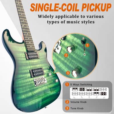 39" Full Size Electric Guitar Starter Kit with HH Pickup, 20W Portable Amp, Tuner, Gig Bag, Strap & Accessories(Green Flame) image 3