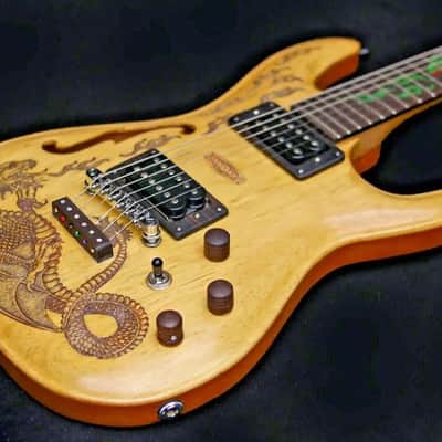 Electric Guitar Handmade by Blueberry, 6 String wood Dragon motif Guitar, Custom Handcrafted Wooden Guitar, Semi Hollow Body Guitar image 13