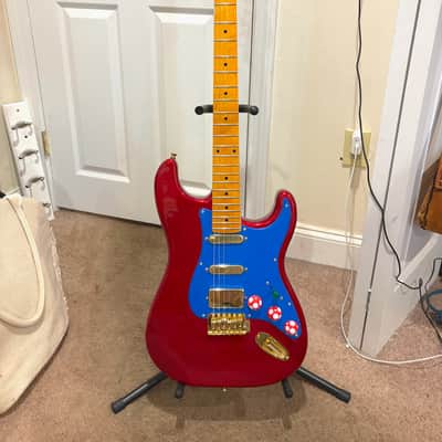 1 of 1 Custom Super Mario Nintendo Red Electric Guitar Strat Style / ST HSS | Mushroom Control Knobs | Green Warp Pipe Pickup Switch | Gold Pickups / Bridge / Tuning Pegs / Input Jack | Hand Painted Blue Pickgaurd | Red & Blue Guitar image 2