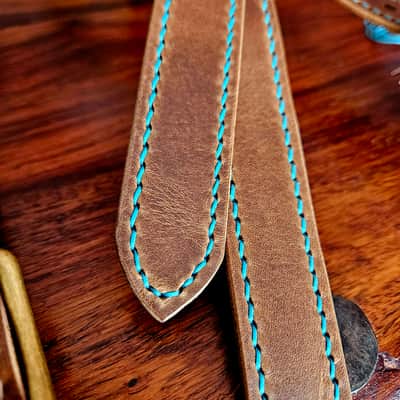 Hand Made, Hand Stitched Guitar strap "Rockatansky" in Taupe & Turquoise- Vegetable Tanned Leather image 9