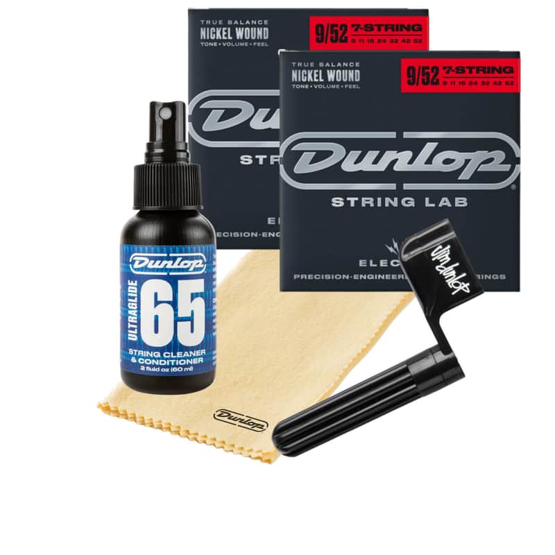 Dunlop Electric 7-string Guitar Care Bundle – 2-Pack Strings, Cleaner, Winder & Polishing Cloth image 1